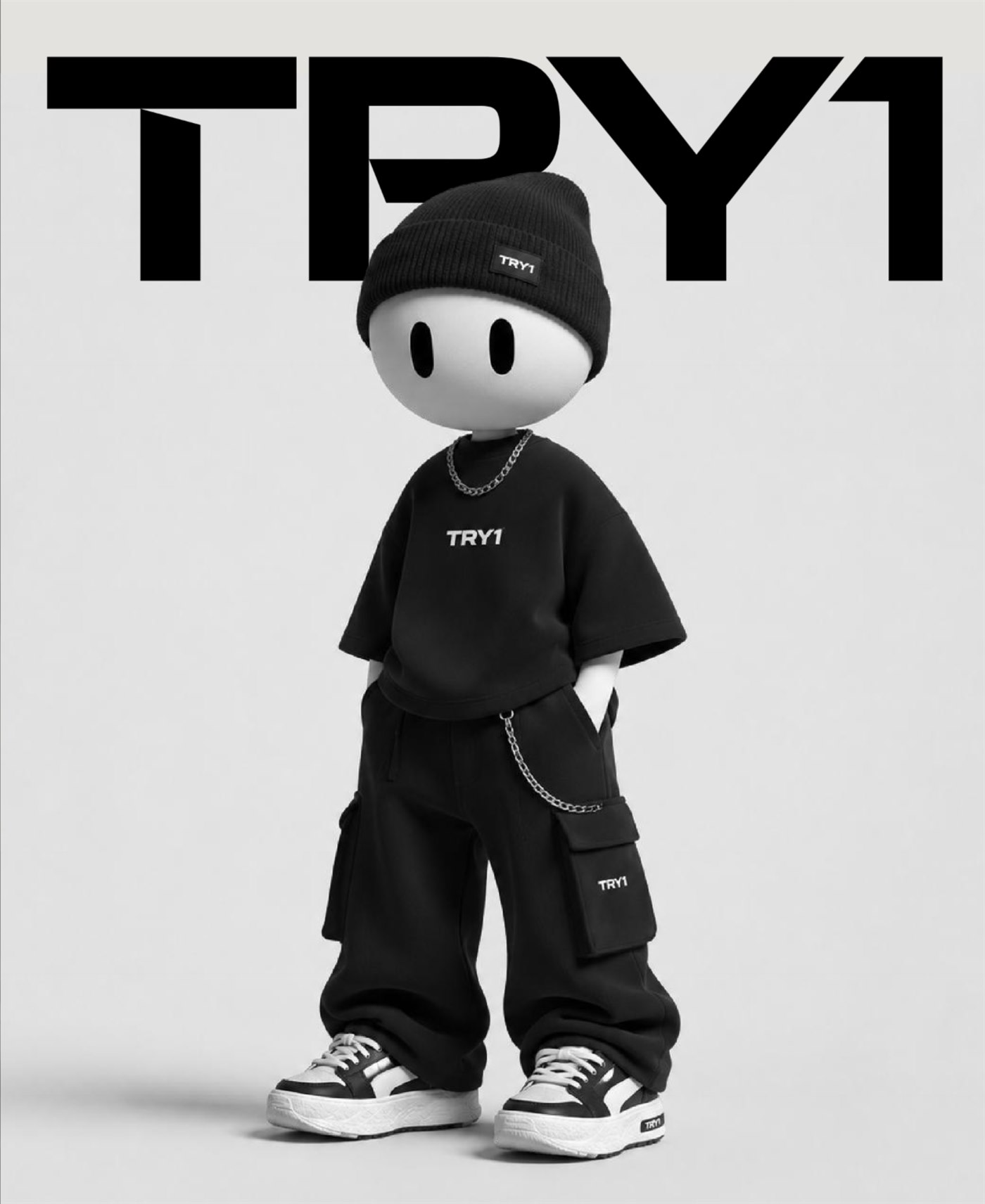 The Try1 mascot — a mannequin figure in a black Try1 beanie, tee and cargo trousers, standing in front of the Try1 wordmark.